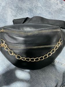 Black Faux Leather Fanny Pack with Gold Chain