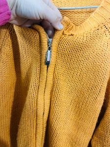 Orange Zip-Up Knit Cardigan