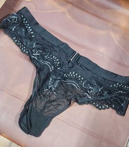 Black Lace Briefs with Pink Embroidery XL