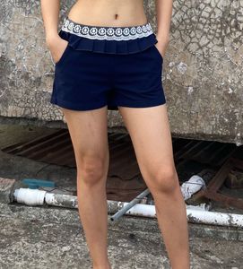 Navy Blue Ruffle Shorts with Lace Detail