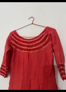 Elegant Red Kurta with Embellished Neckline-s