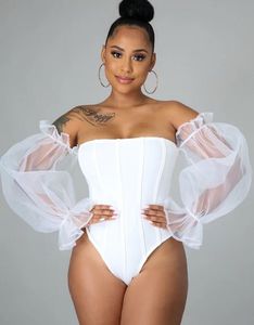 White Off-Shoulder Mesh Sleeve Bodysuit
