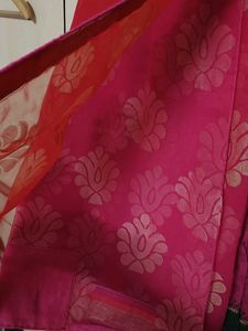 Red and pink Saree with Golden Floral Print