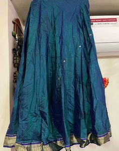 Elegant Teal Pure Silk Skirt with Gold Border