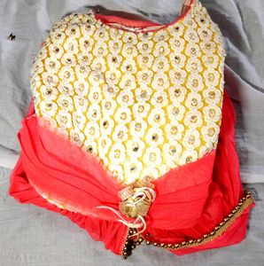 women umbrella dress red and gold colour
