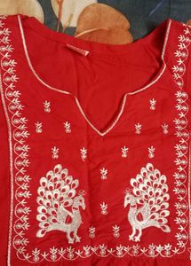 Red Kurta with Peacock Embroidery