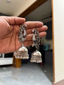 Oxidized Silver Peacock Jhumka Earrings