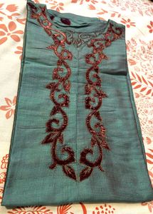 Elegant Teal Kurta with Maroon Velvet Embroidery