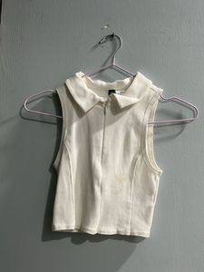 H&M White Sleeveless Collared Zip-Up Top