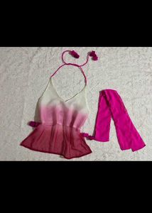 Ombre backless Halter Neck top with Scarf