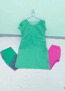 Green Kurta Set with Pink Leggings &amp; Dupatta