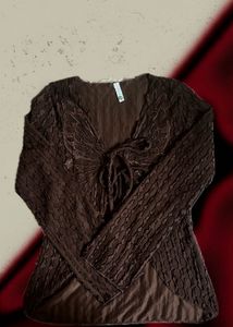 New Me Brown Butterfly Tie-Front Top