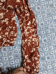 Brown Floral Ruched Long Sleeve Top