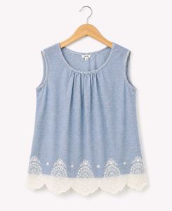 Blue Striped Sleeveless Top with Lace Trim