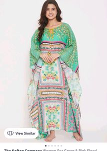 Women Sea Green And Pink Floral Printed Kaftan