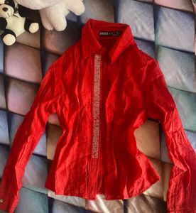Red Embellished Button-Up Shirt