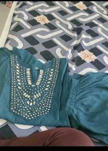 Teal Kurta Set with Embellished Neckline