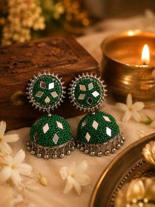 Stunning Green Mirror Big Jhumka Earrings