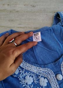 Blue Embroidered Cotton Kurta