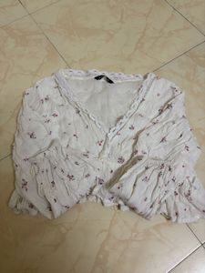 Sheer Floral Crop Top with Lace Trim