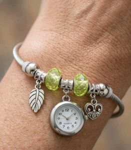Charm Bangle Watch with Green Beads