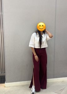 Stylish Maroon Wide-Leg Pants with Chain Detail