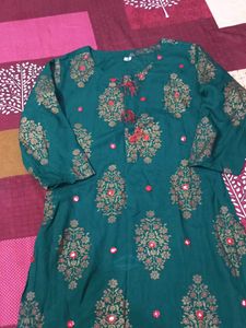Elegant Teal Kurti with Gold &amp; Red Floral Print