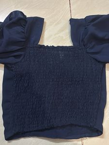 Navy Blue Square Neck Puff Sleeve Top With Embroid