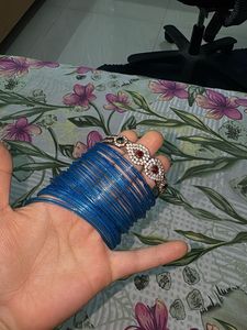 Stack of Blue Bangles with Embellished Bracelet