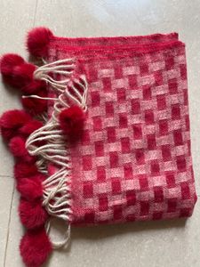 Red Checkered Shawl With Pom-Pom