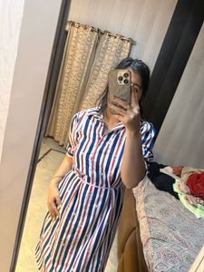 Striped Midi Shirt Dress with Pearls🦋