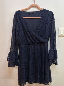 Navy Lace V-Neck Dress with Ruffle Sleeves