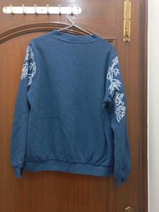 Blue Bomber Jacket with Leaf Embroidery