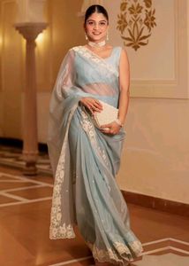 Elegant Sky Blue Saree with Floral Lace