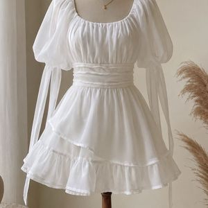Chic White Puff Sleeve Mini Dress
