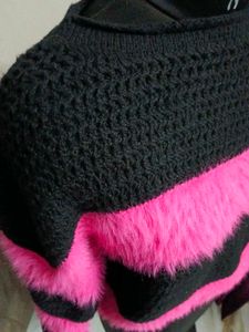 Striped Fur Trimmed Knit Sweater