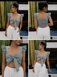 Women's Grey Checkered Ruffle Sleeve Front Tie-Up