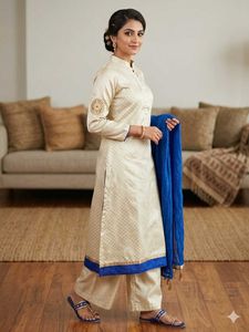Elegant Cream Kurta Set with Blue Dupatta