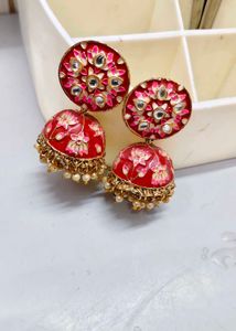 Stunning Red Floral Jhumka Earrings
