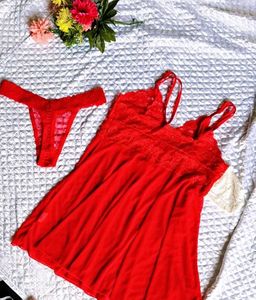 Lace Trimmed Red Babydoll Nigty with thong 👍