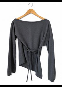 Grey asymmetrical Tie-Back Long Sleeve Top