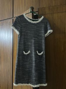 Elegant Grey Dress with White Trim