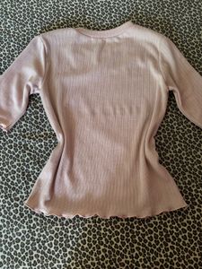 Baby Pink Ribbed Lettuce Hem Top - 3/4 Sleeve