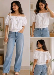 White Off-Shoulder Puff Sleeve Crop Top