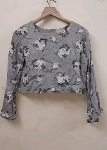 Grey Floral Bell Sleeve Crop Top