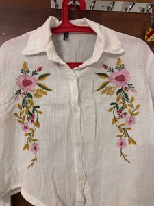 White Embroidered Cropped Shirt