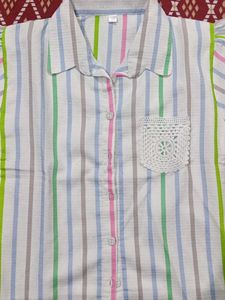 Striped Button-Down Shirt with Crochet Pocket