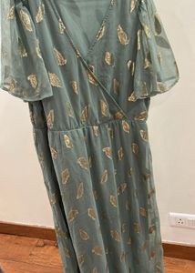 Elegant Green Gold Leaf Print Wrap Dress