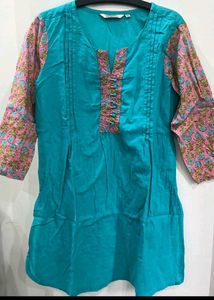 Beautiful Teal Kurta with Pink Floral Sleeves