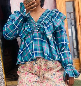 Trendy Plaid Ruffle V-Neck Top